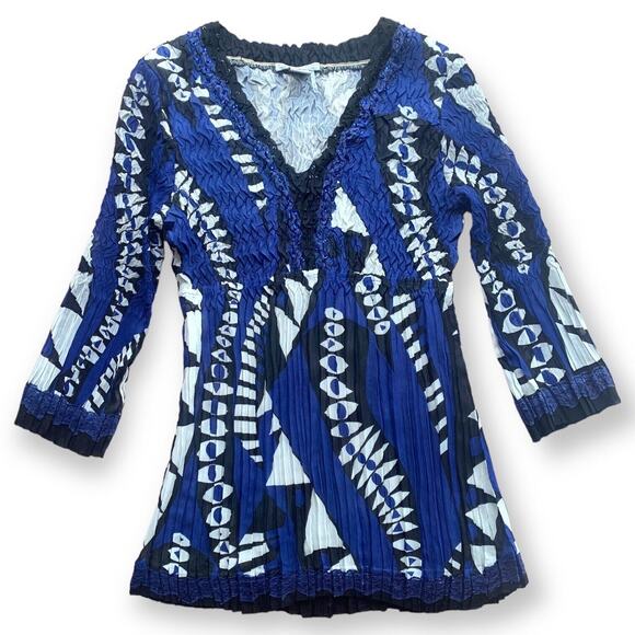 ALBERTO MAKALI 90's VINTAGE Tunic Top V-Neck Sparkle Crinkled Blouse Lace M - Picture 10 of 11
